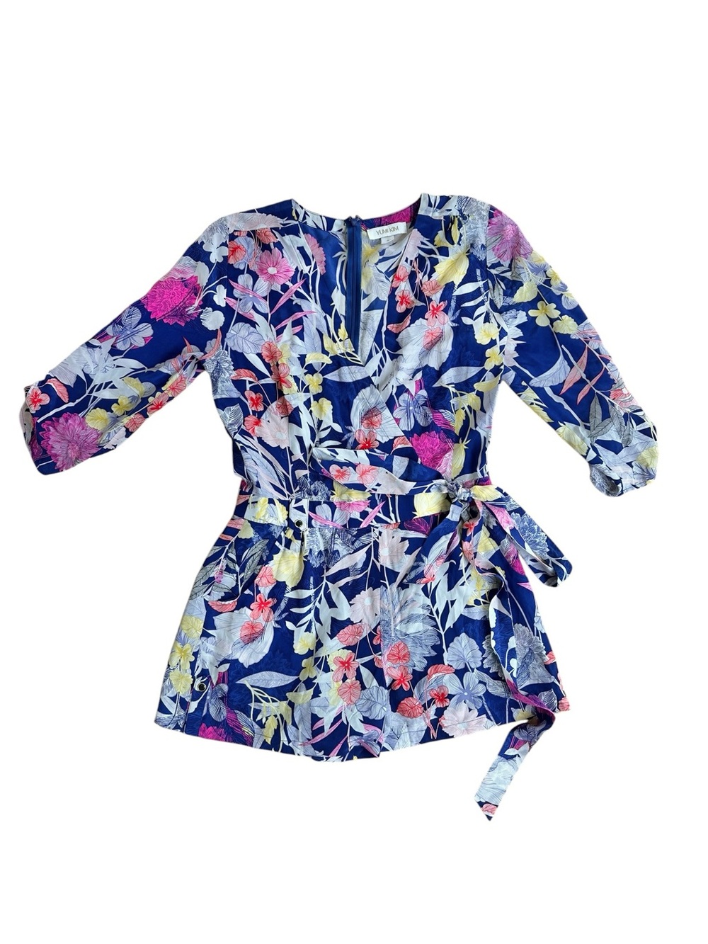 Yumi Kim Blue Silk Floral Quarter Sleeve Romper